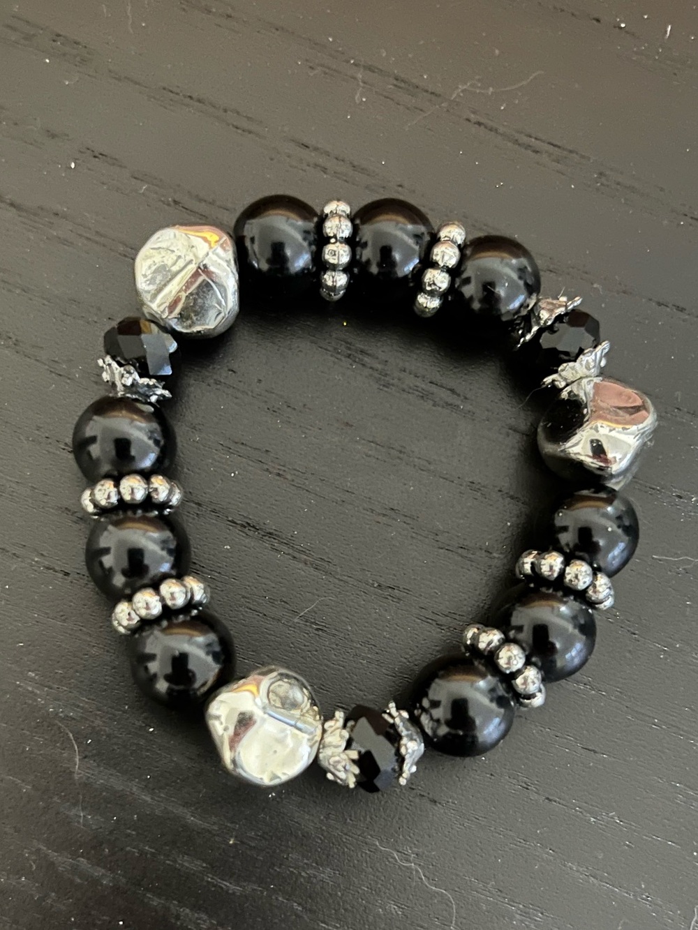 Black Beaded Stretch Bracelet with Silver Accents